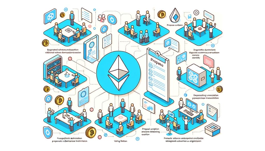 Solidityを使ったDAO構築の基礎と技術解説。提案、投票、実行のプロセスを分かりやすく説明します。」