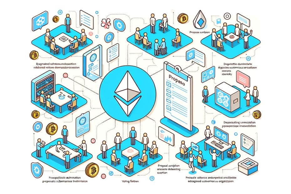 Solidityを使ったDAO構築の基礎と技術解説。提案、投票、実行のプロセスを分かりやすく説明します。」