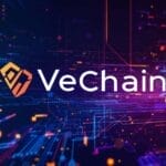 VeChainのロゴと未来的な背景の画像