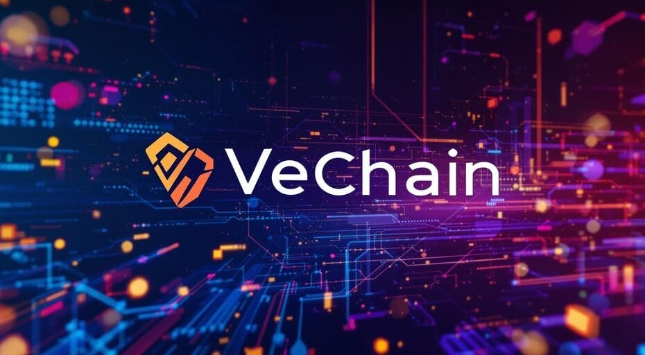 VeChainのロゴと未来的な背景の画像